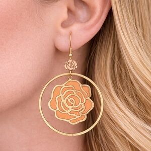 Large Gold Tone Rose Hoop Dangle Earrings Orange Enamel Floral 2.5” Statement